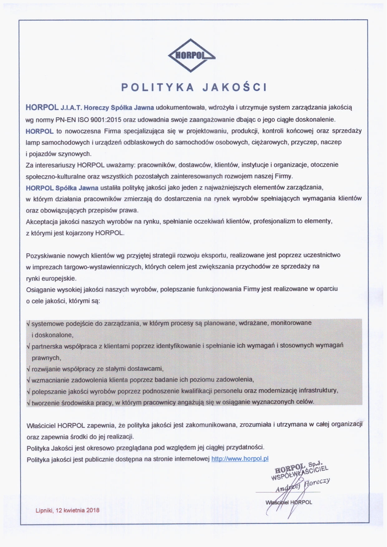 Polityka Jakości HORPOL